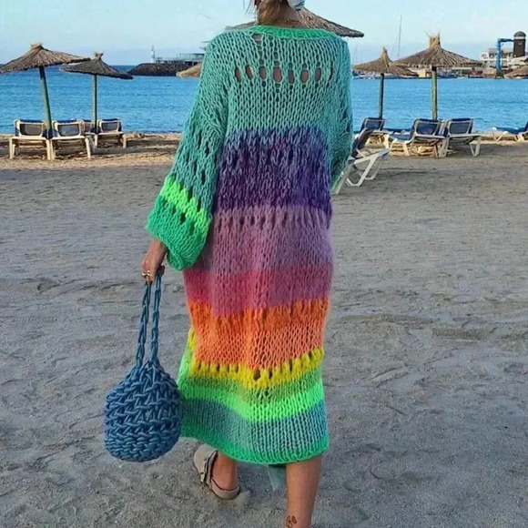 Multicolor Boho Women´s Handknitted Bell Sleeve Crochet Kimono